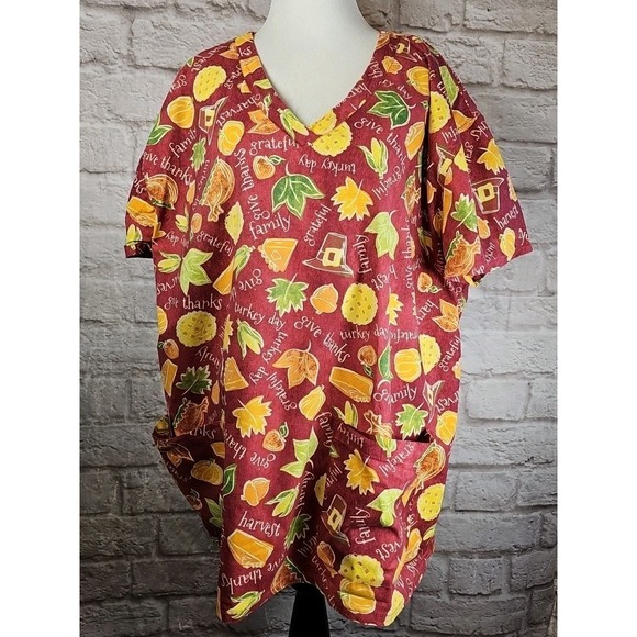 DreamRest Women's Scrub Top Size 2x Thanksgiving Holiday Autumn Fall EUC - Picture 1 of 9